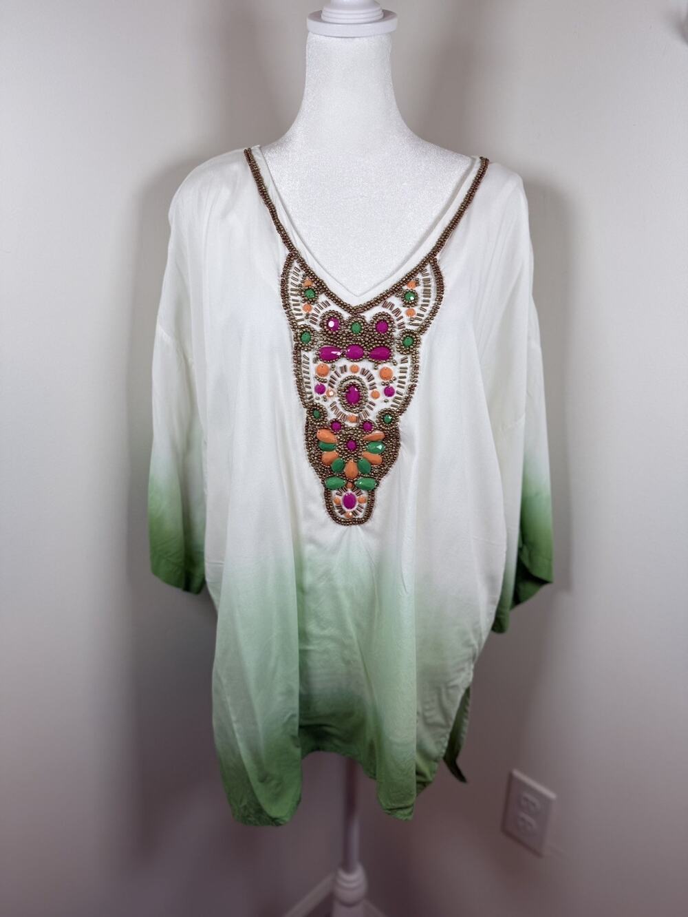 CHICO'S OMBRE Beaded Tunic Top Size 2 / Large Boho Lagenlook Relaxed Beach